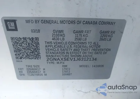 2018 Chevrolet Equinox Lt z USA, uszkodzony, nr VIN 2GNAXSEV1J6312134